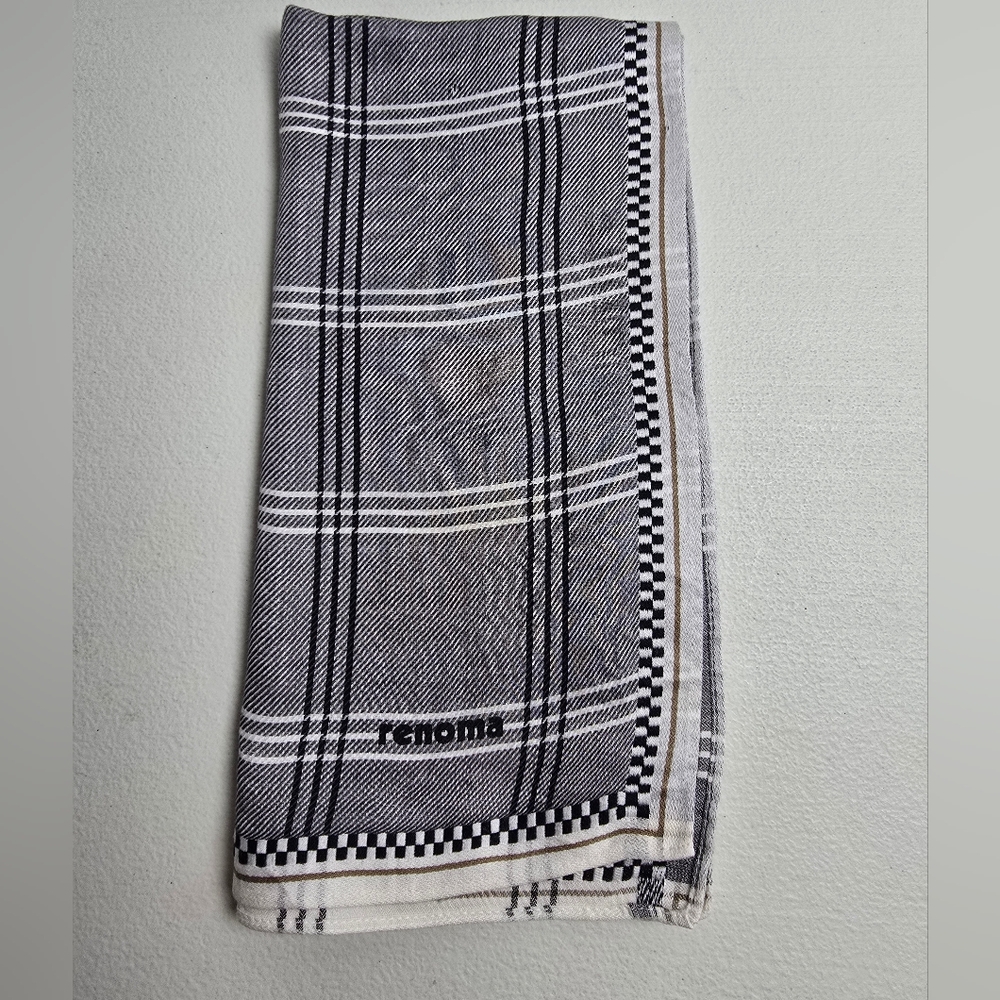VINTAGE RENOMA GRAY/WHITE MEN'S POCKET SQUARE COTTON 17.5"